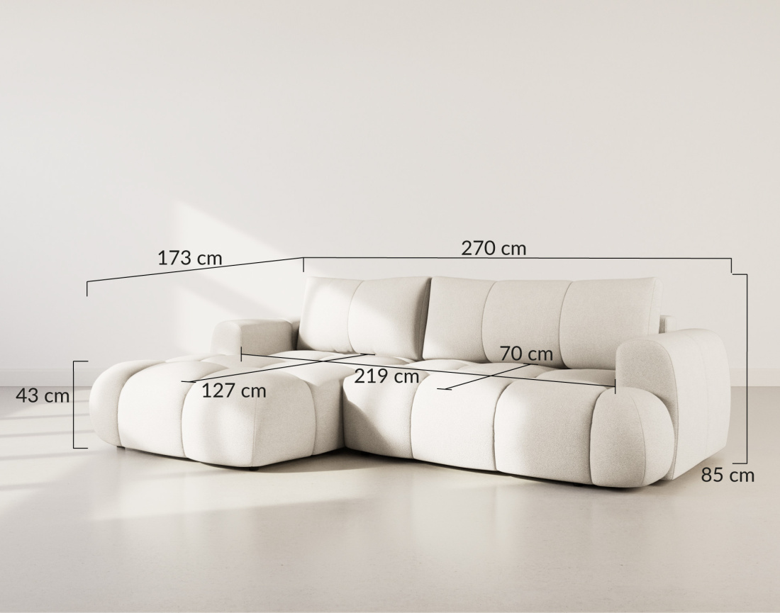 Canapé d'angle gauche 4 places convertible avec coffre en tissu bouclette Yulin