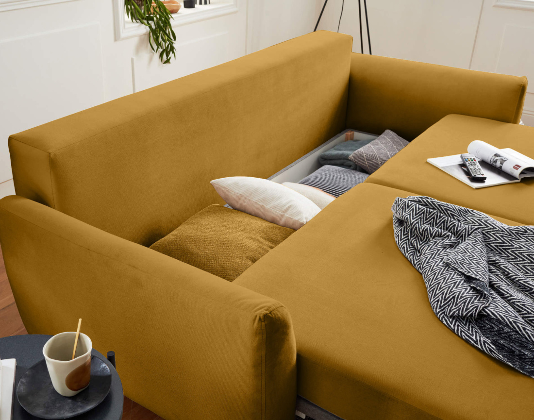 Canapé droit 3 places convertible avec coffre de rangement en velours Nils