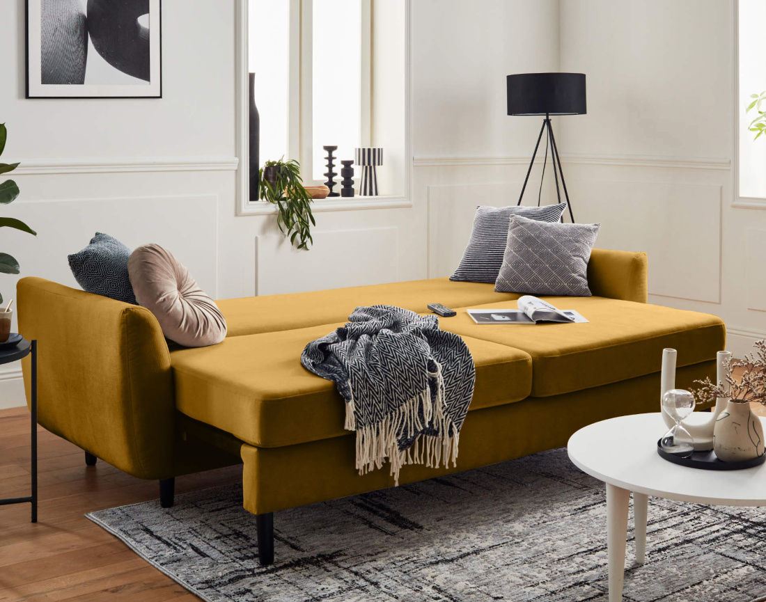 Canapé droit 3 places convertible avec coffre de rangement en velours Nils