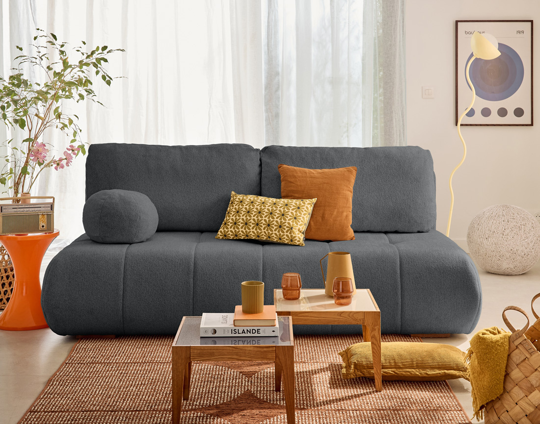 Canapé droit 3 places convertible avec coffre en tissu texturé Bowie