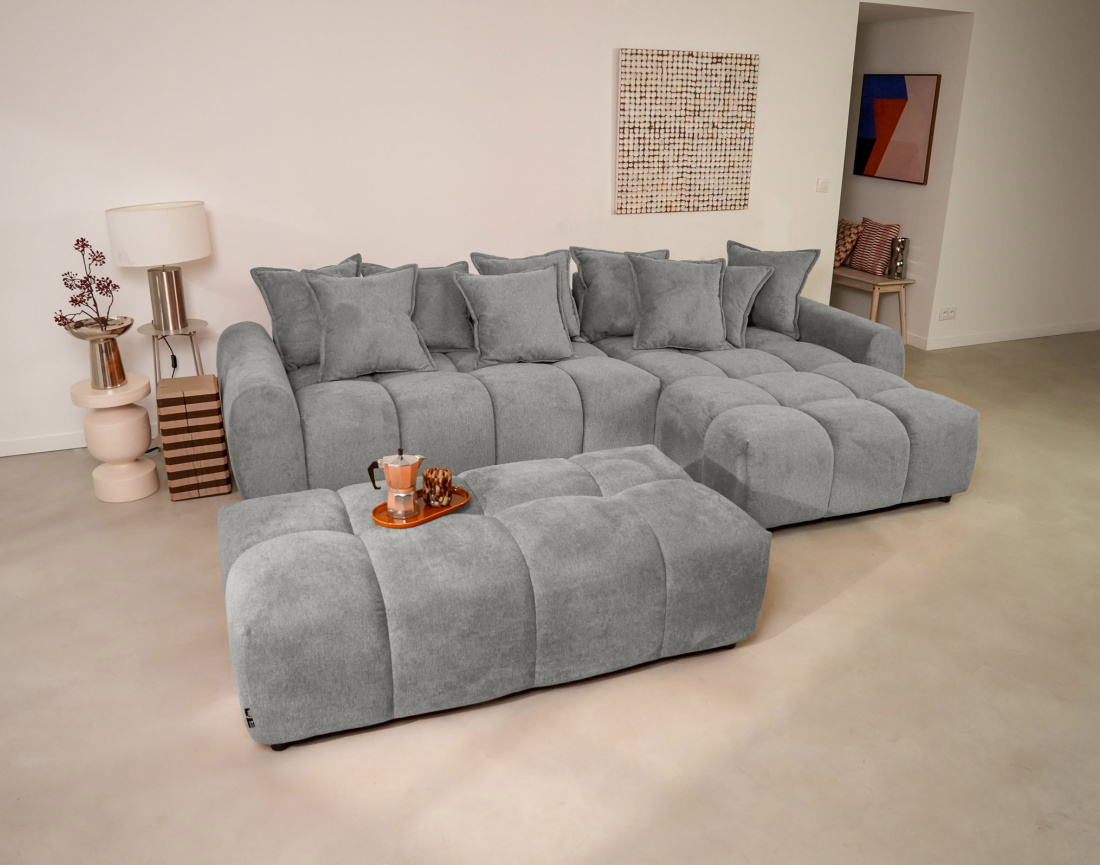 Canapé d'angle réversible 4 places avec pouf d'appoint en tissu texturé Adelaide