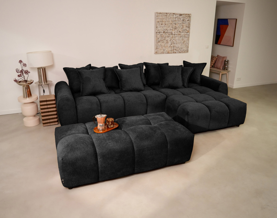 Canapé d'angle réversible 4 places avec pouf d'appoint en tissu texturé Adelaide