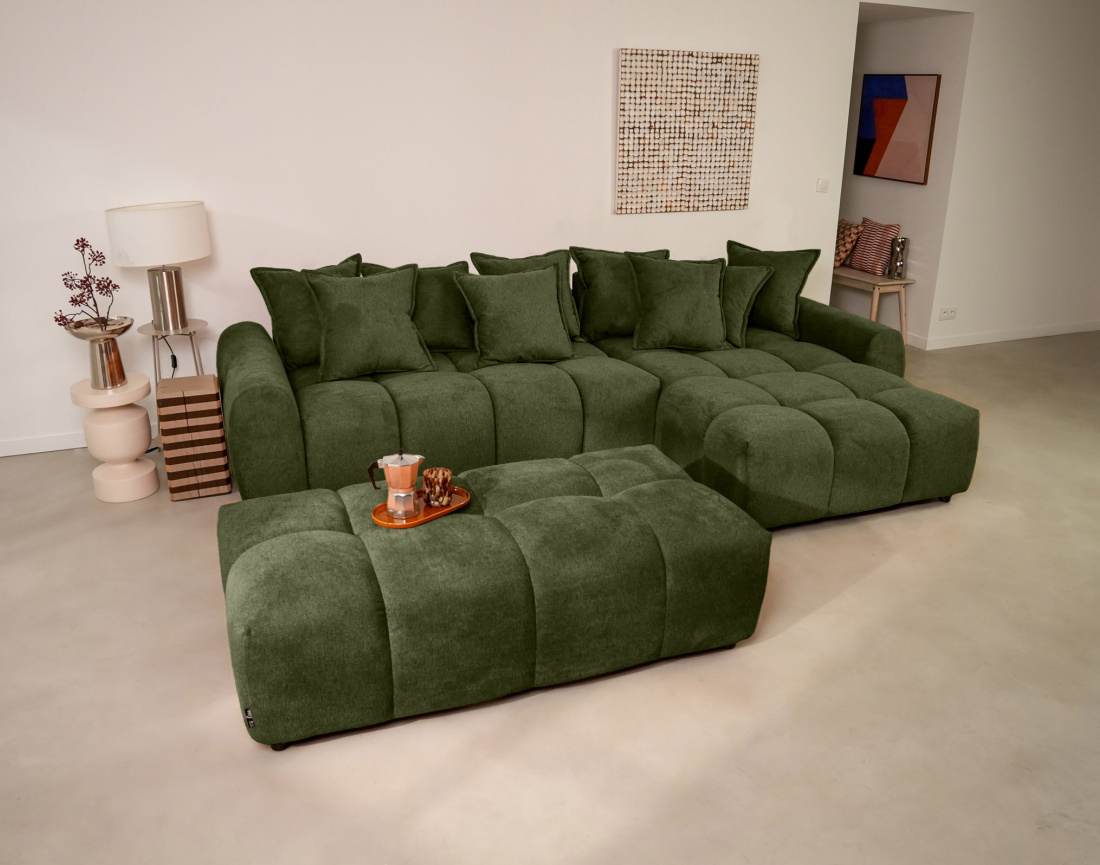 Canapé d'angle réversible 4 places avec pouf d'appoint en tissu texturé Adelaide