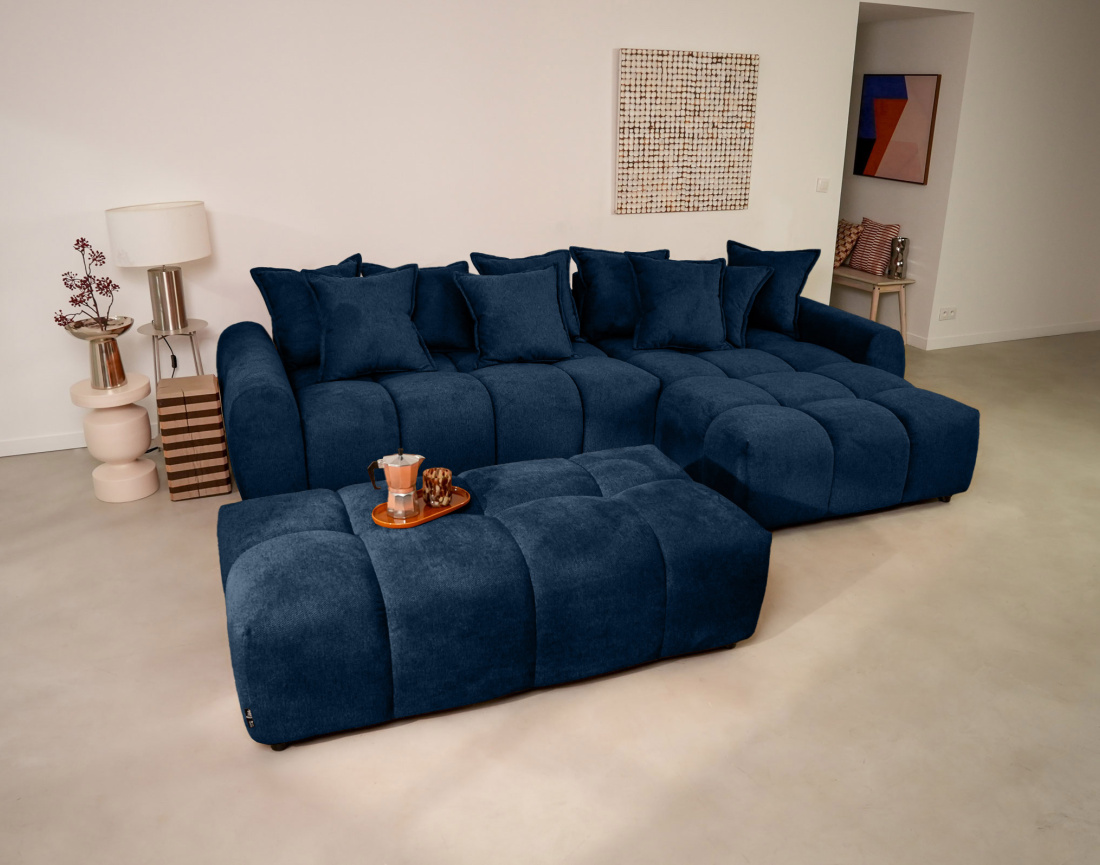 Canapé d'angle réversible 4 places avec pouf d'appoint en tissu texturé Adelaide