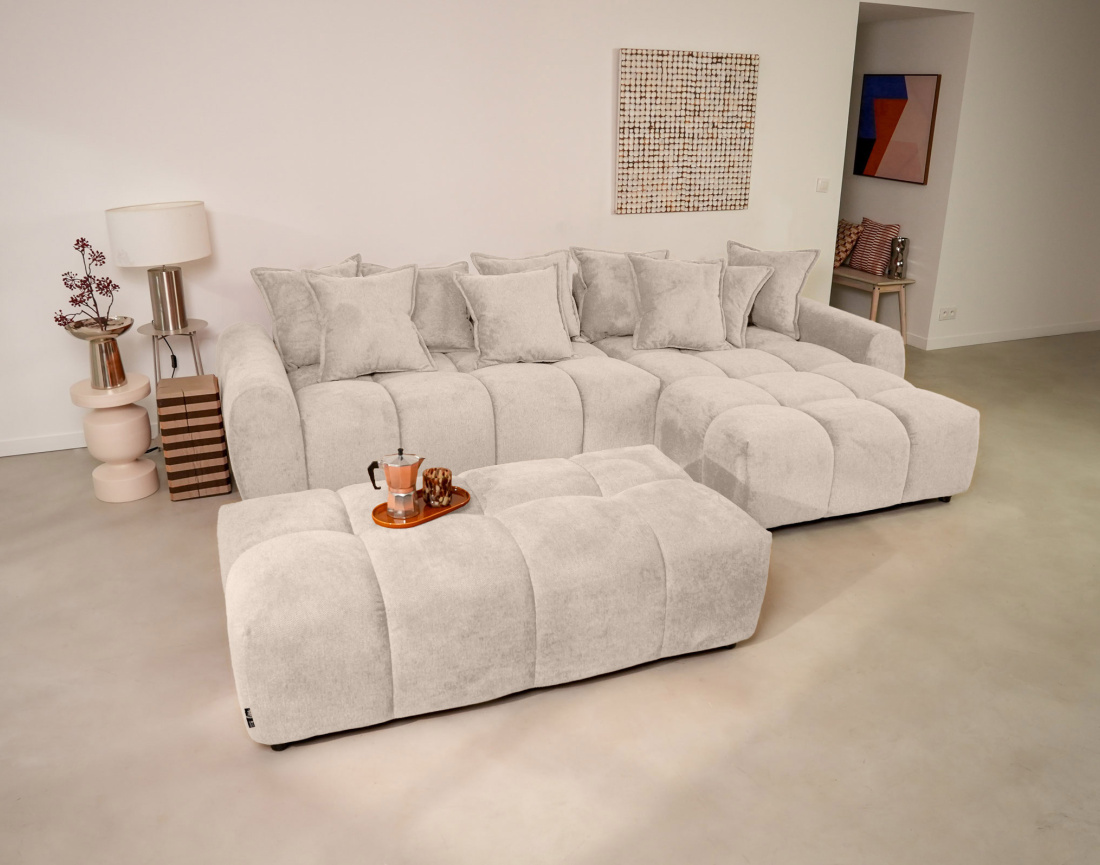 Canapé d'angle réversible 4 places avec pouf d'appoint en tissu texturé Adelaide