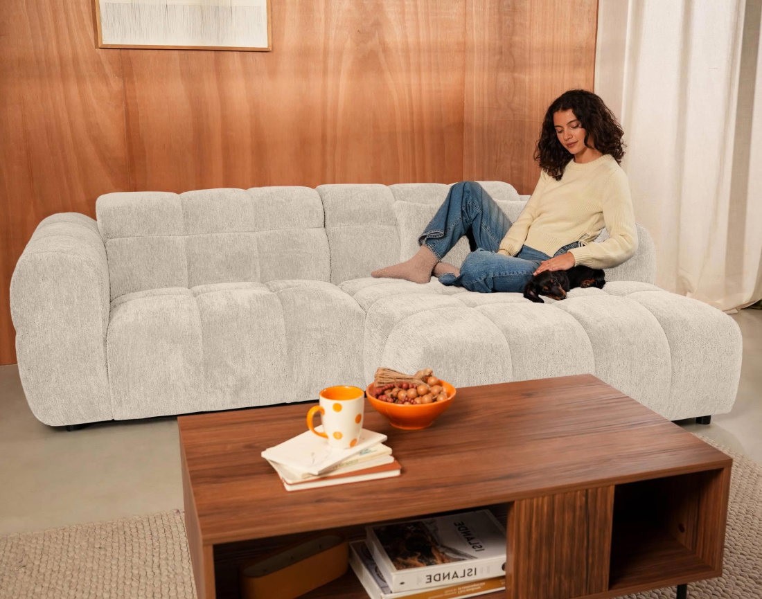 Canapé d'angle droit 4 places en tissu texturé Mini Ray