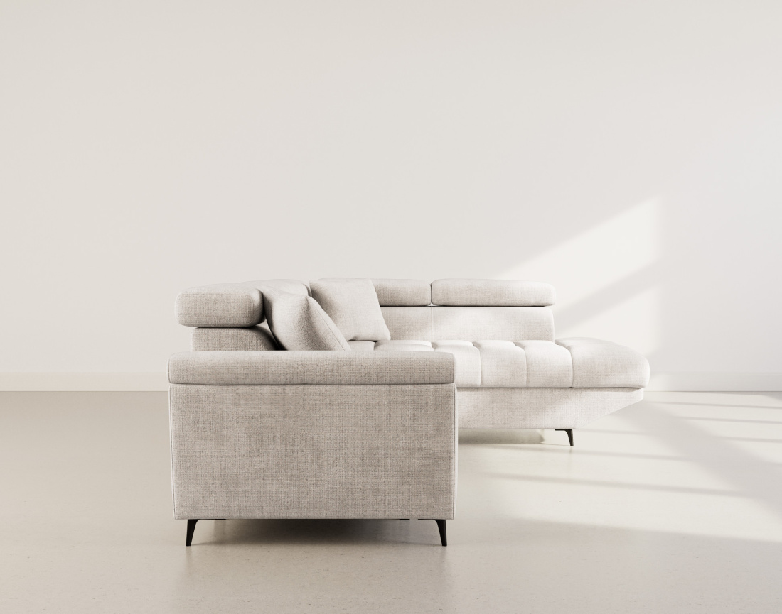 Canapé d'angle droit 5 places convertible avec têtières et coffre en velours texturé Camille