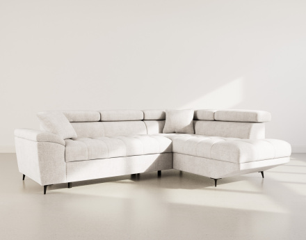 Canapé d'angle droit 5 places convertible avec têtières et coffre en velours texturé Camille