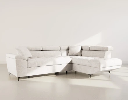 Canapé d'angle droit 5 places convertible avec têtières et coffre en velours texturé Camille