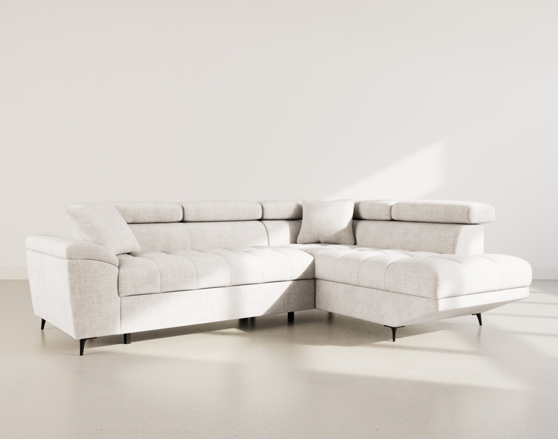 Canapé d'angle droit 5 places convertible avec têtières et coffre en velours texturé Camille