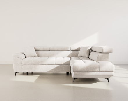 Canapé d'angle droit 5 places convertible avec têtières et coffre en velours texturé Camille