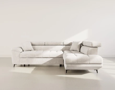 Canapé d'angle droit 5 places convertible avec têtières et coffre en velours texturé Camille