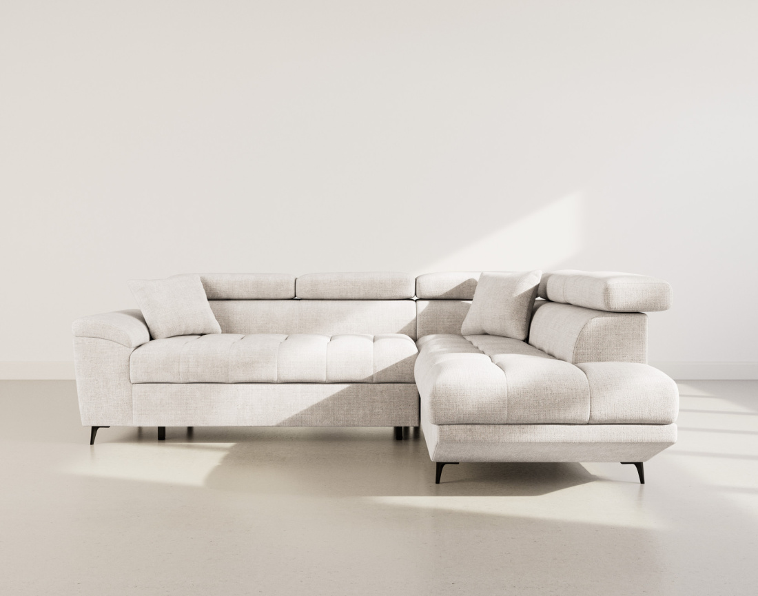 Canapé d'angle droit 5 places convertible avec têtières et coffre en velours texturé Camille