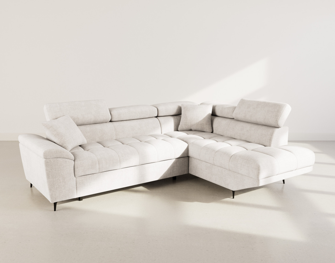 Canapé d'angle droit 5 places convertible avec têtières et coffre en velours texturé Camille