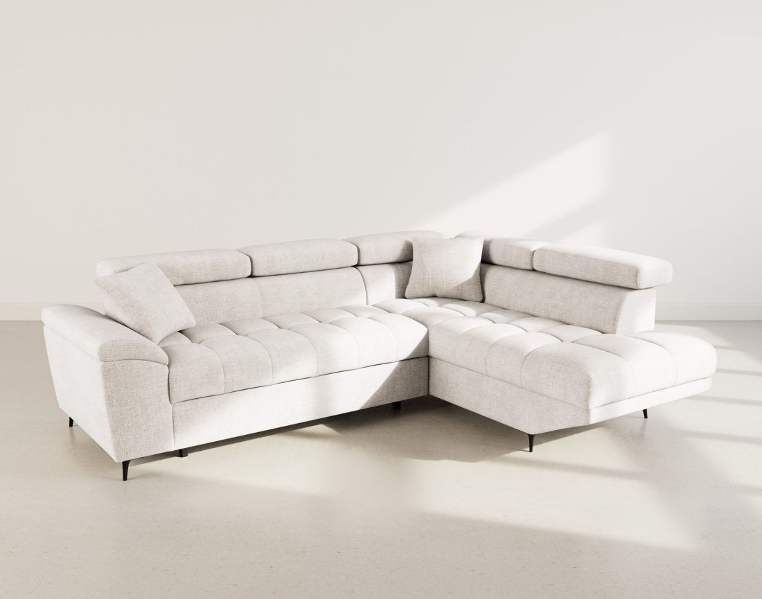 Canapé d'angle droit 5 places convertible avec têtières et coffre en velours texturé Camille