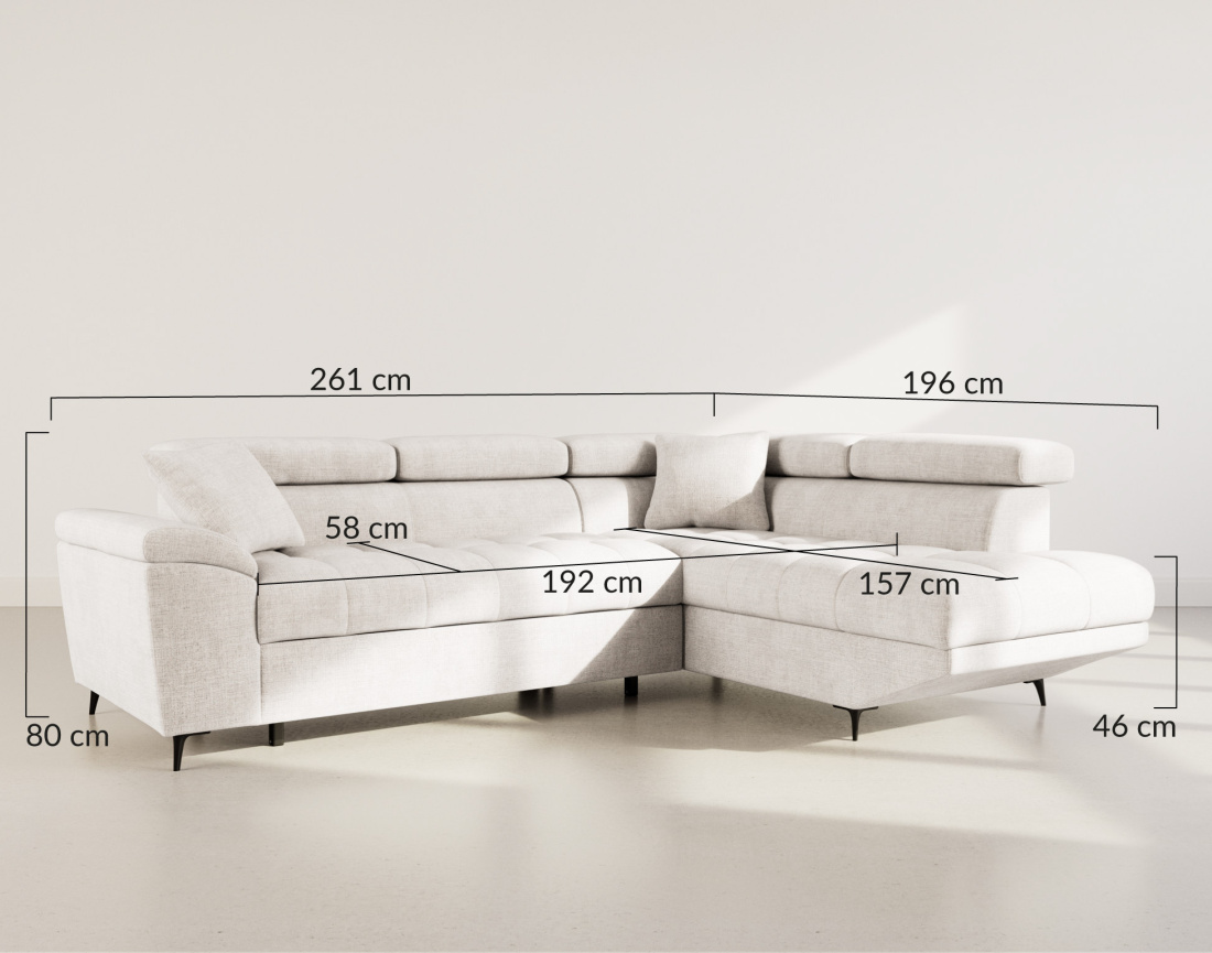Canapé d'angle droit 5 places convertible avec têtières et coffre en velours texturé Camille