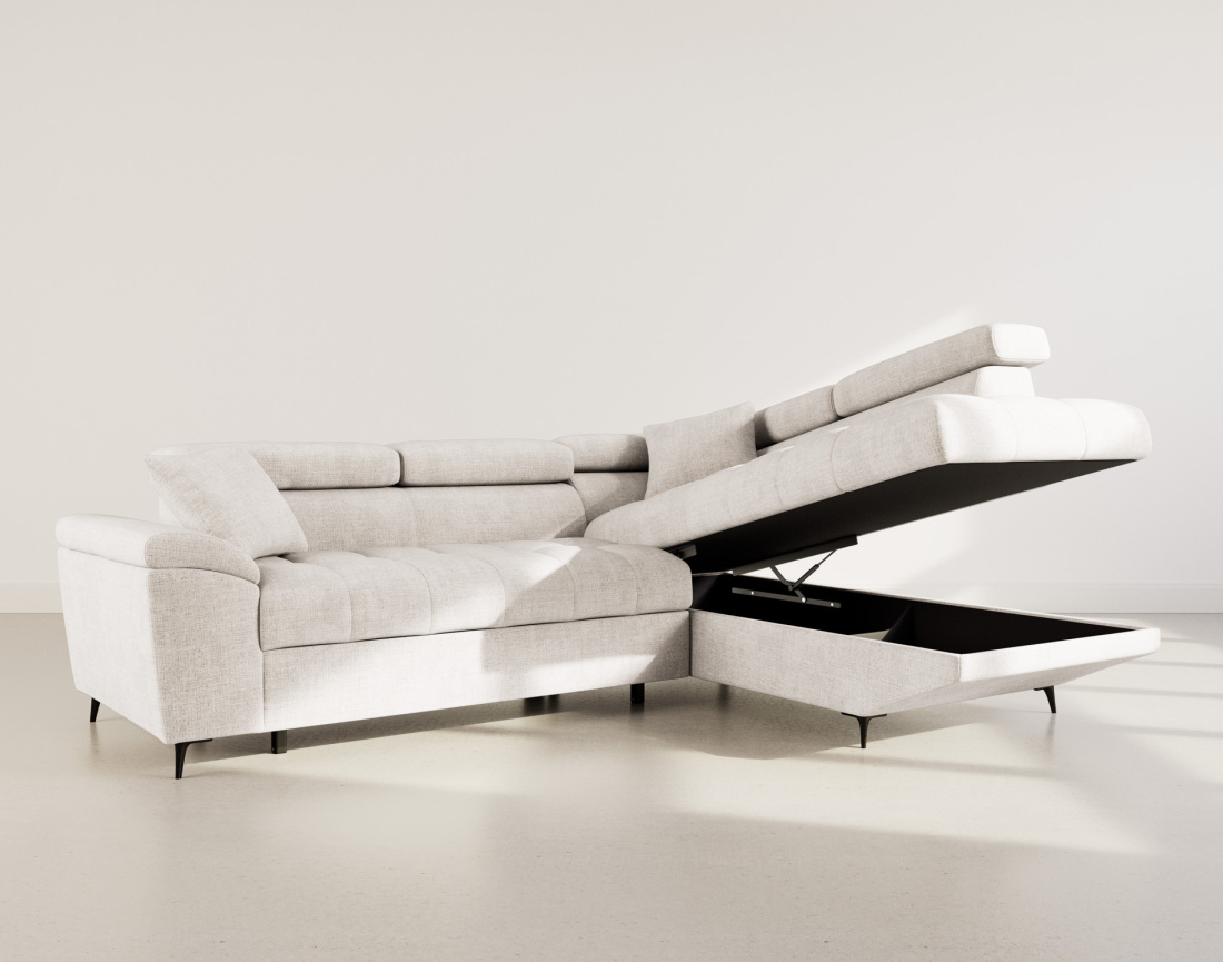 Canapé d'angle droit 5 places convertible avec têtières et coffre en velours texturé Camille