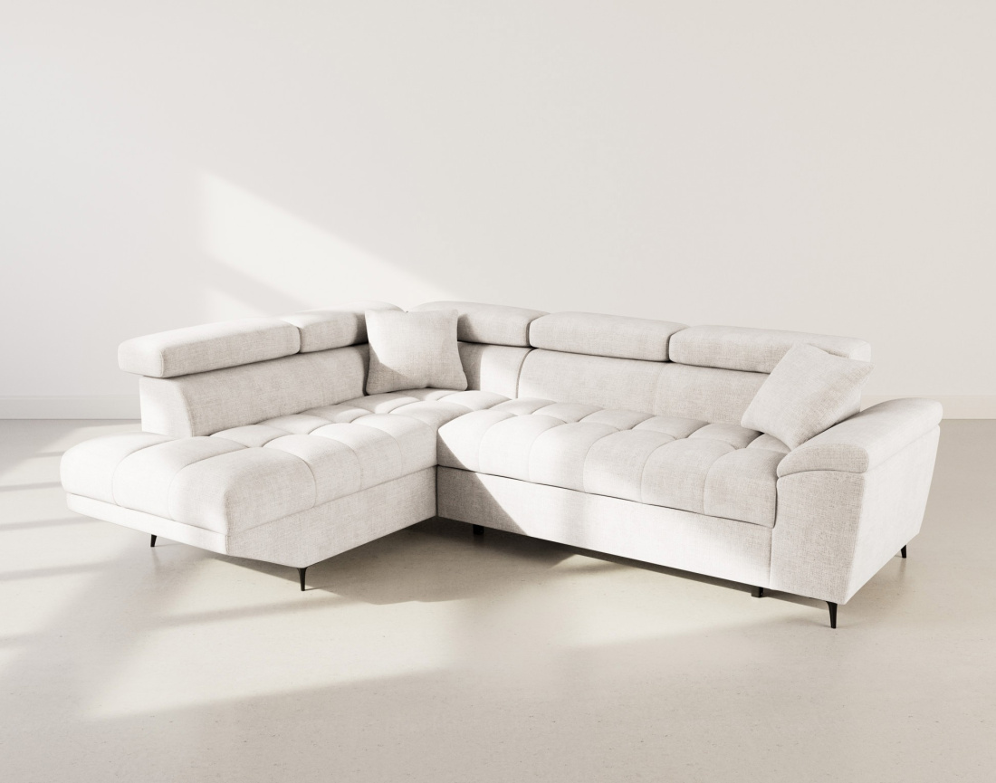 Canapé d'angle gauche 5 places convertible avec têtières et coffre en velours texturé Camille