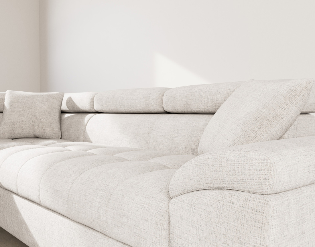 Canapé d'angle gauche 5 places convertible avec têtières et coffre en velours texturé Camille