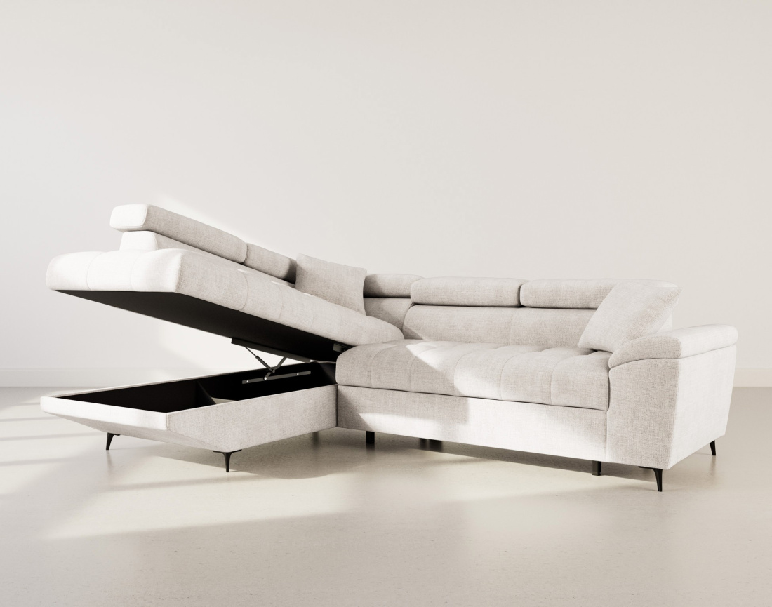 Canapé d'angle gauche 5 places convertible avec têtières et coffre en velours texturé Camille