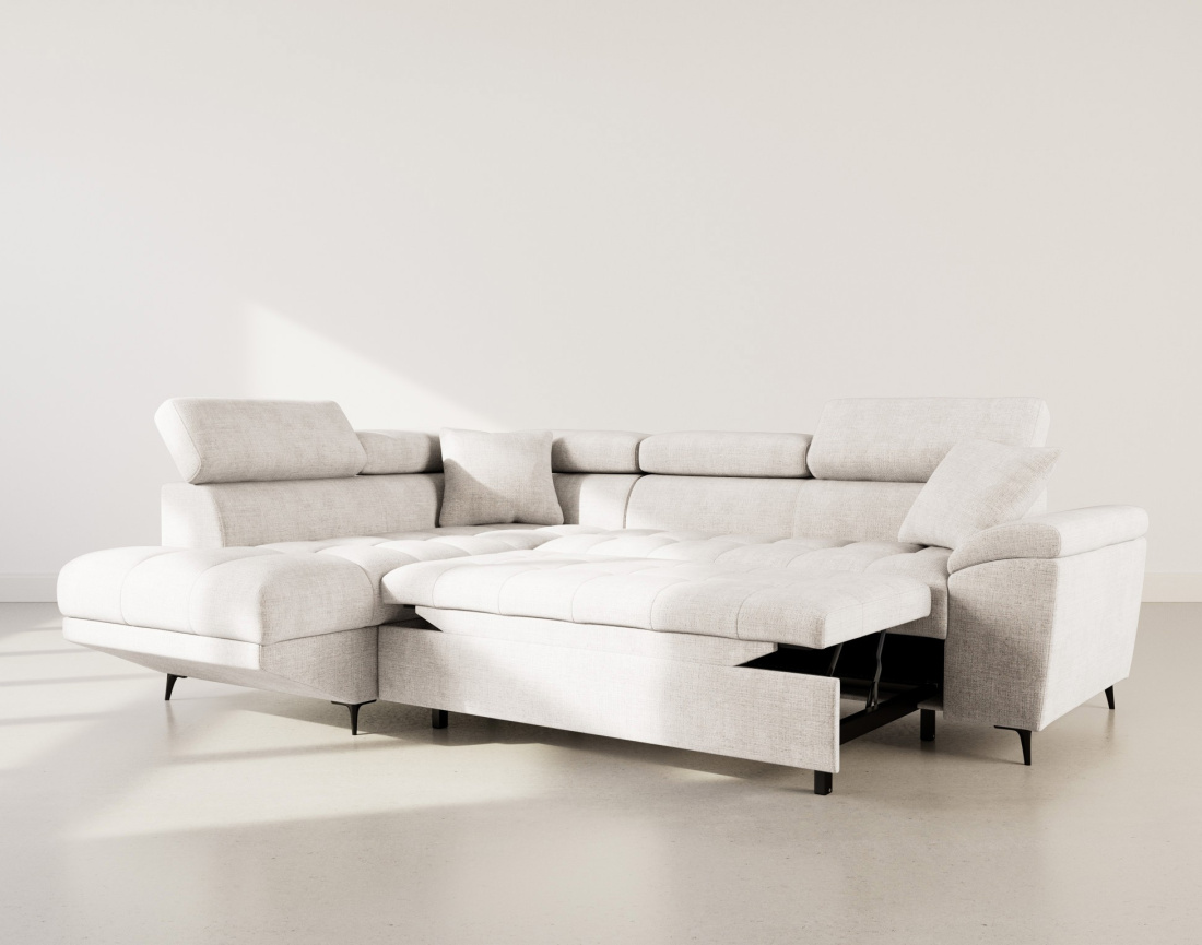 Canapé d'angle gauche 5 places convertible avec têtières et coffre en velours texturé Camille