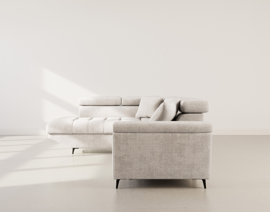 Canapé d'angle gauche 5 places convertible avec têtières et coffre en velours texturé Camille