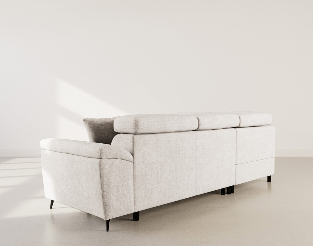 Canapé d'angle gauche 5 places convertible avec têtières et coffre en velours texturé Camille