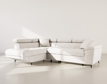 Canapé d'angle gauche 5 places convertible avec têtières et coffre en velours texturé Camille