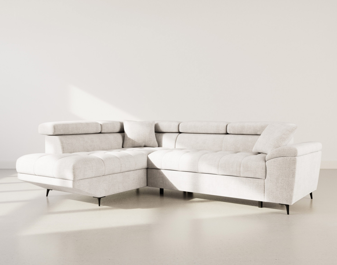 Canapé d'angle gauche 5 places convertible avec têtières et coffre en velours texturé Camille