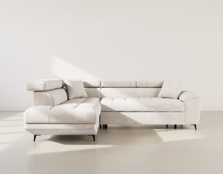 Canapé d'angle gauche 5 places convertible avec têtières et coffre en velours texturé Camille