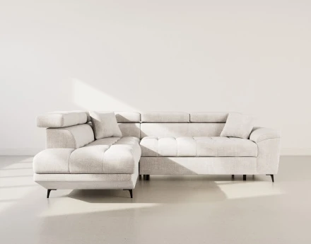 Canapé d'angle gauche 5 places convertible avec têtières et coffre en velours texturé Camille