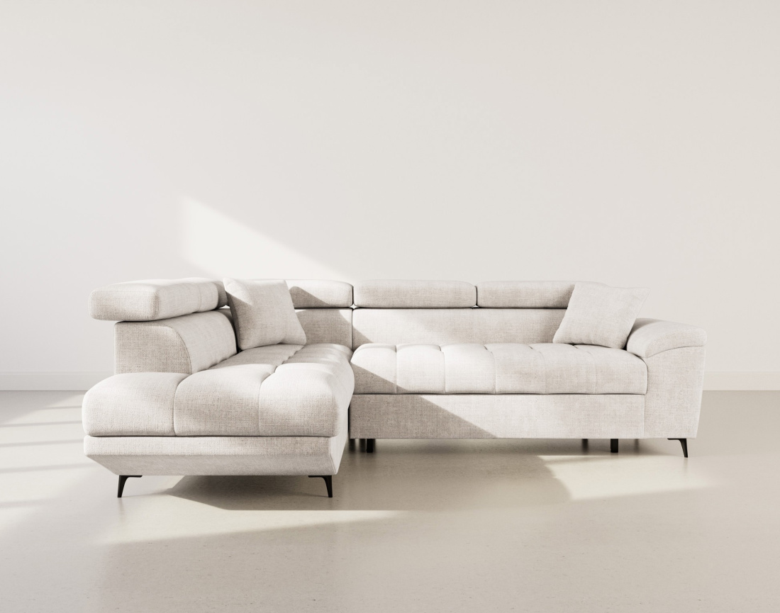 Canapé d'angle gauche 5 places convertible avec têtières et coffre en velours texturé Camille