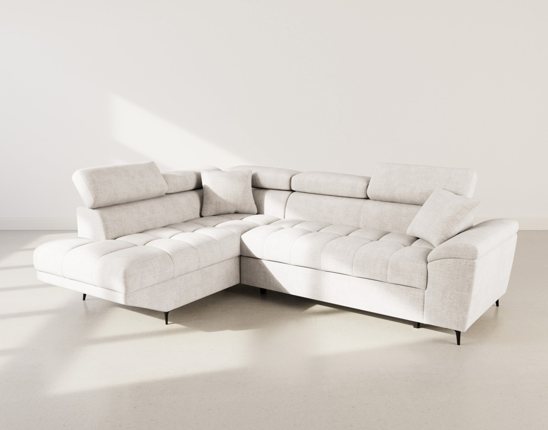 Canapé d'angle gauche 5 places convertible avec têtières et coffre en velours texturé Camille