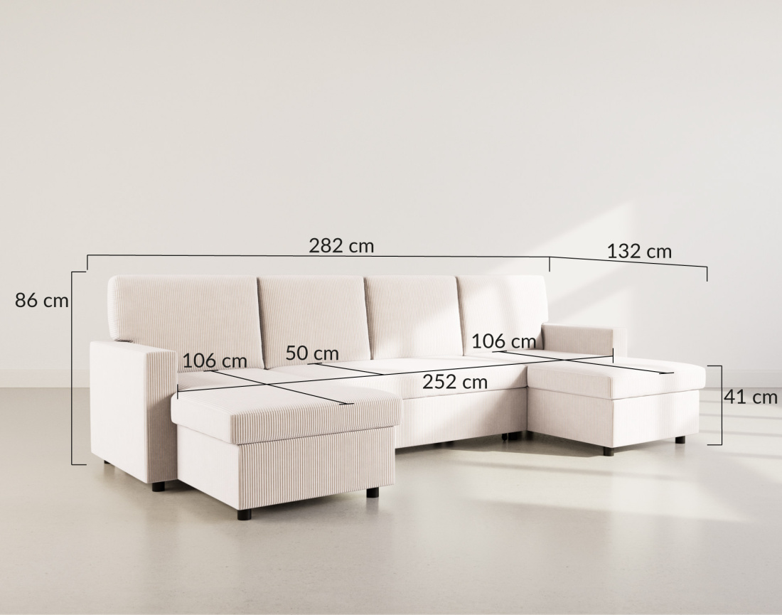 Canapé panoramique en U 7 places convertible avec coffre en velours côtelé Meiya