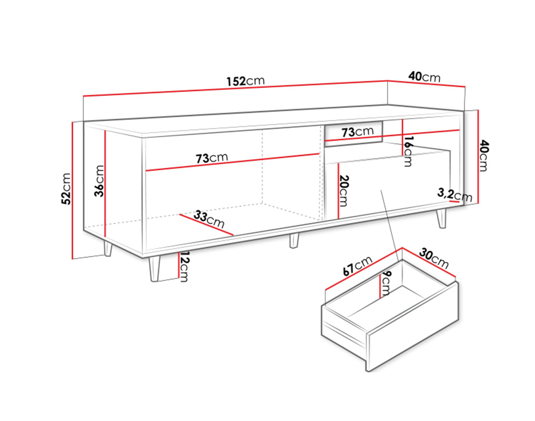 Meuble TV bois 2 portes et 1 niche 152cm Diego