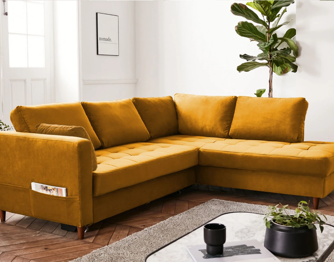 Canapé d'angle droit 5 places convertible en velours Anna