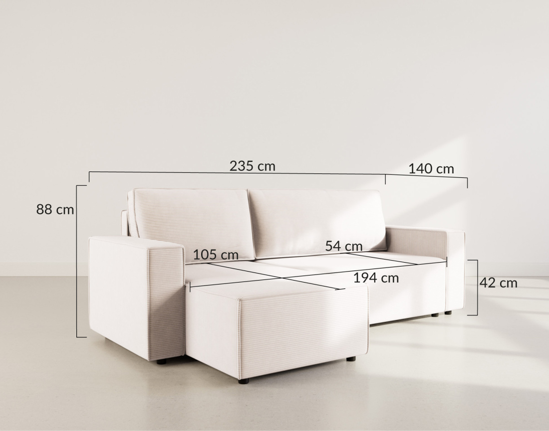 Canapé d'angle réversible 4 places convertible avec coffre en velours côtelé Hector