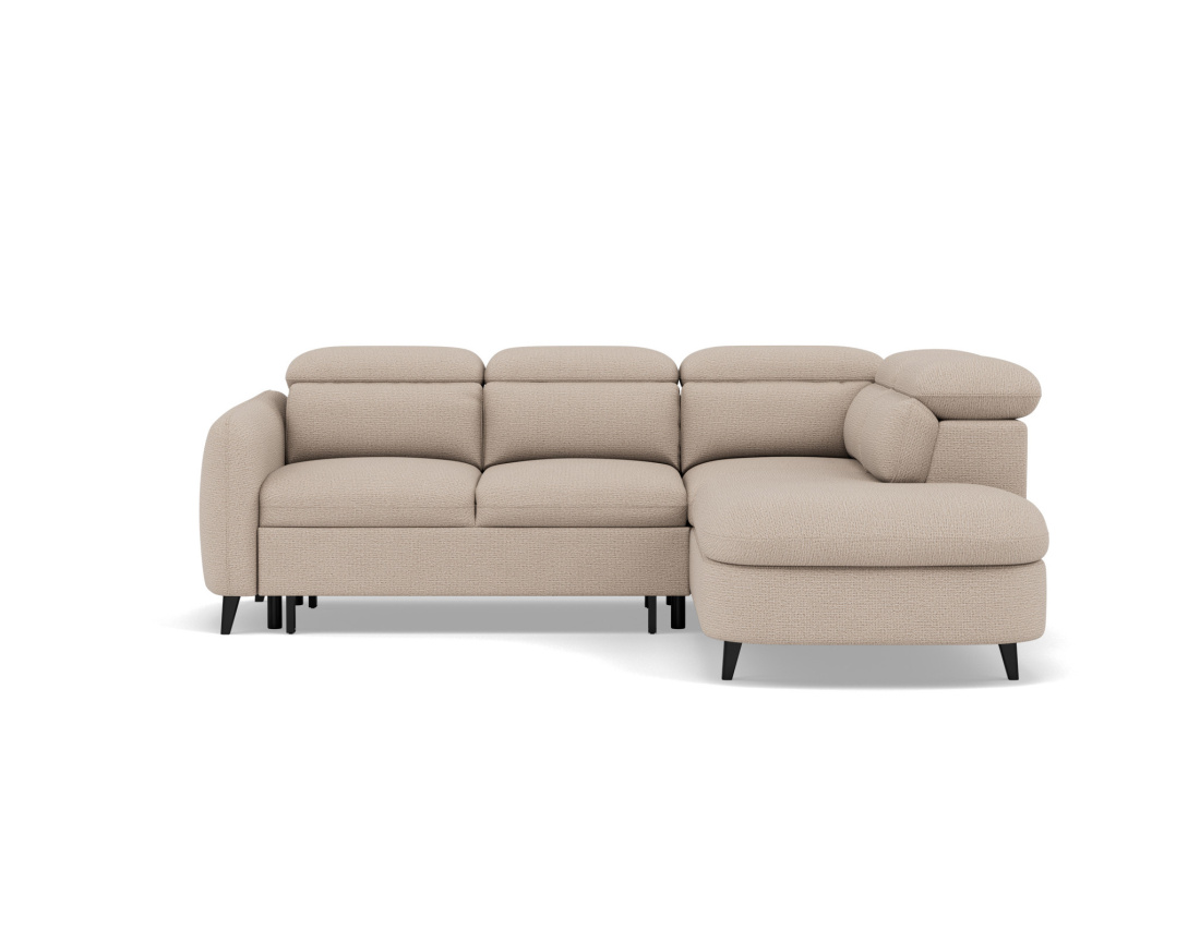 Canapé d'angle droit 5 places convertible avec têtières et coffre en tissu texturé Opaline