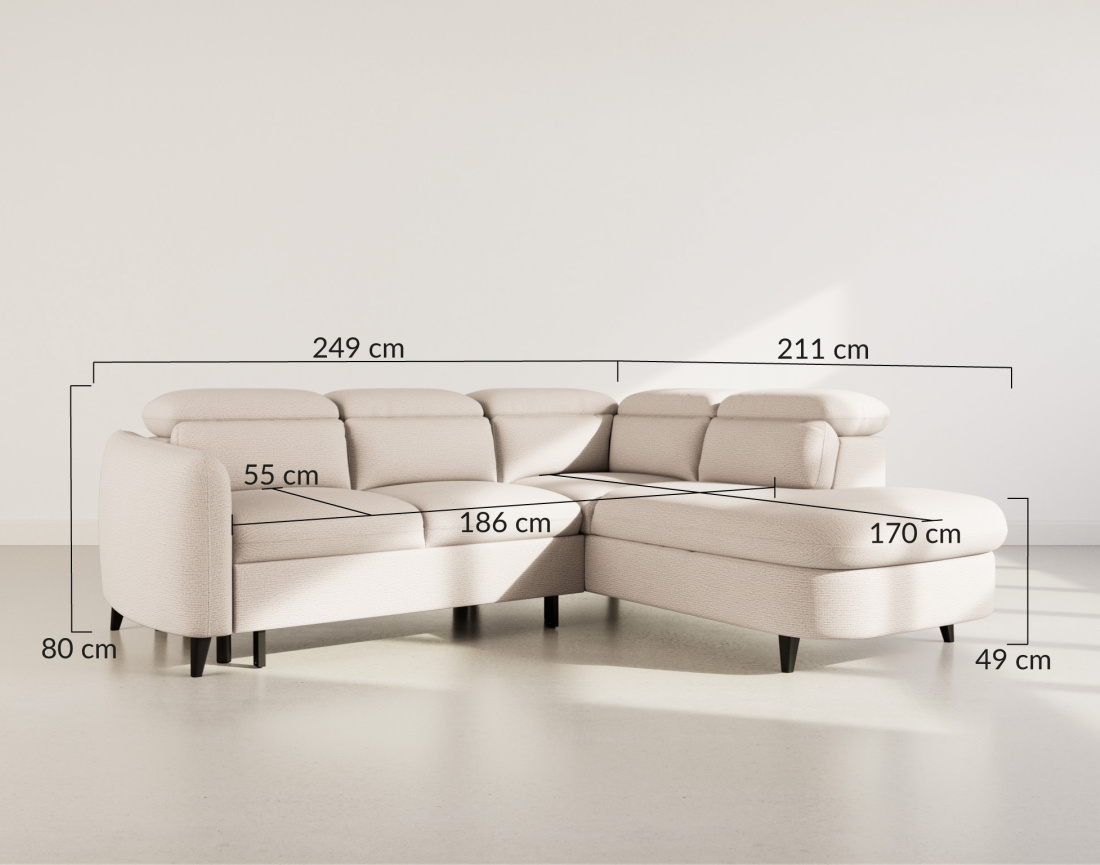 Canapé d'angle droit 5 places convertible avec têtières et coffre en tissu texturé Opaline