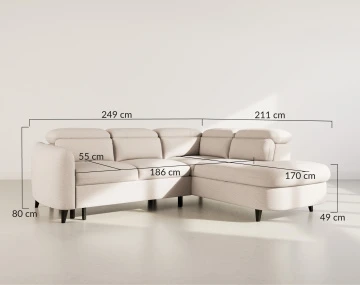 Canapé d'angle droit 5 places convertible avec têtières et coffre en tissu texturé Opaline