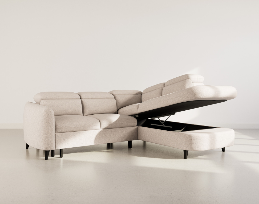 Canapé d'angle droit 5 places convertible avec têtières et coffre en tissu texturé Opaline