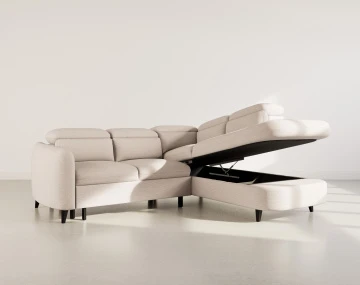 Canapé d'angle droit 5 places convertible avec têtières et coffre en tissu texturé Opaline