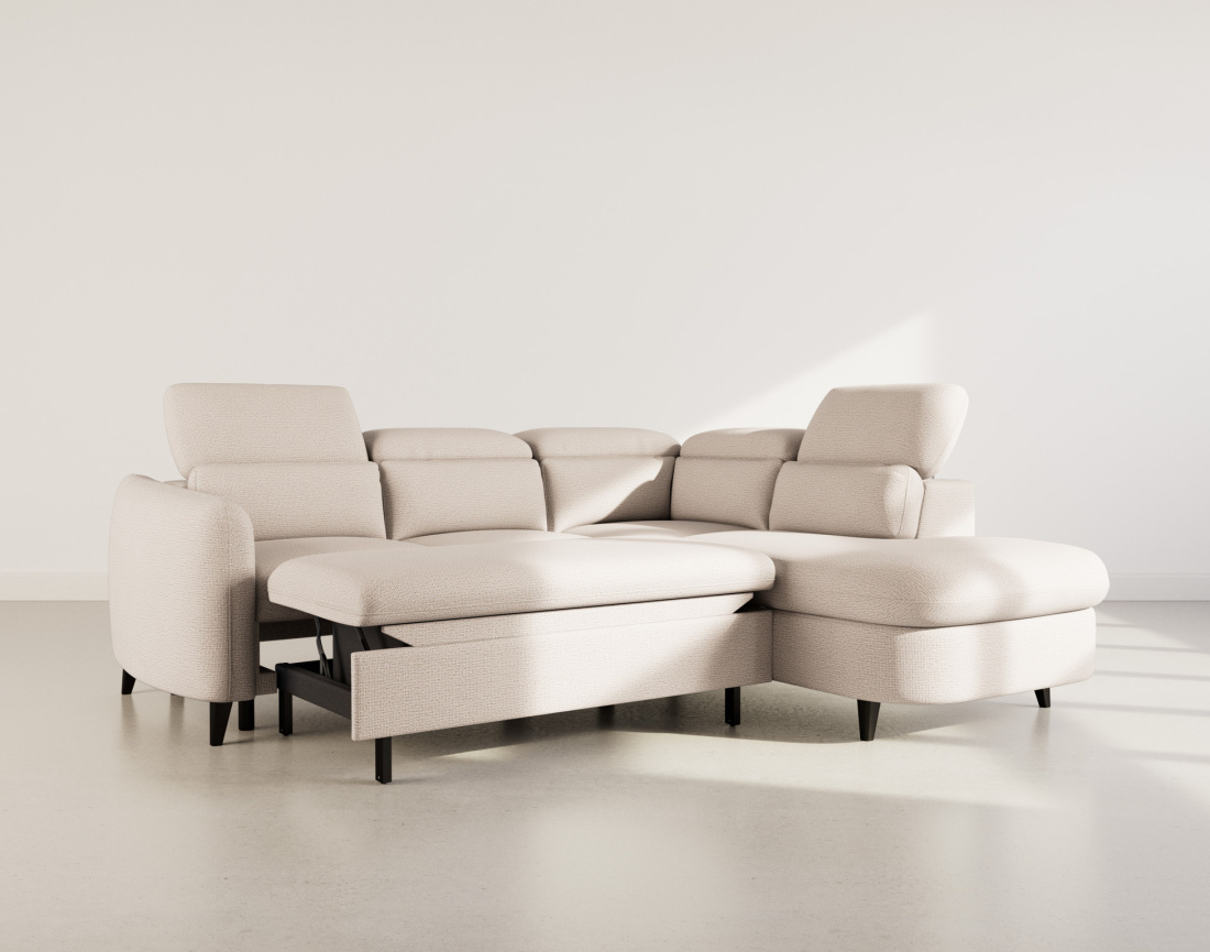 Canapé d'angle droit 5 places convertible avec têtières et coffre en tissu texturé Opaline