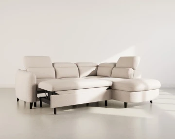 Canapé d'angle droit 5 places convertible avec têtières et coffre en tissu texturé Opaline