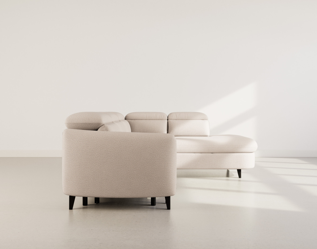Canapé d'angle droit 5 places convertible avec têtières et coffre en tissu texturé Opaline