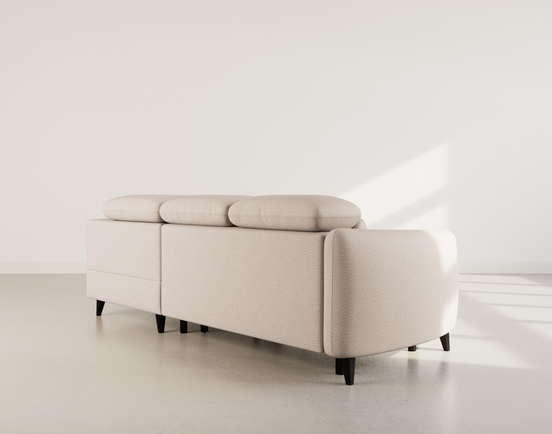 Canapé d'angle droit 5 places convertible avec têtières et coffre en tissu texturé Opaline