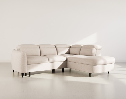 Canapé d'angle droit 5 places convertible avec têtières et coffre en tissu texturé Opaline