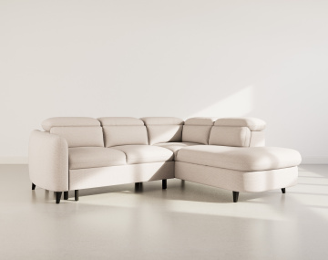 Canapé d'angle droit 5 places convertible avec têtières et coffre en tissu texturé Opaline