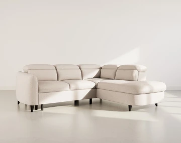 Canapé d'angle droit 5 places convertible avec têtières et coffre en tissu texturé Opaline