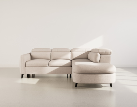 Canapé d'angle droit 5 places convertible avec têtières et coffre en tissu texturé Opaline